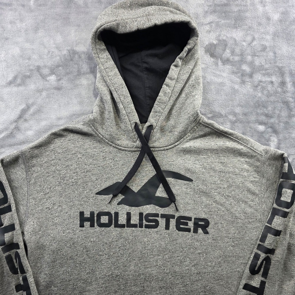 Hollister Hoodie Small Gray Mens Regular Fit Cotton Blend Logo Sleeve Pullover - Picture 2 of 9